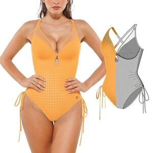 Tummy Control Orange One-Piece Swimsuit with Plunge Neck